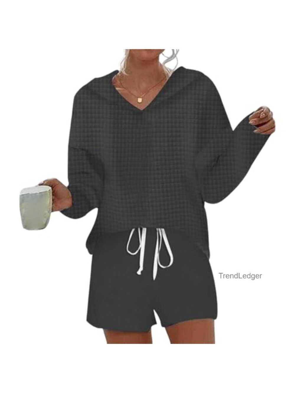 Womens 2 Piece Lounge Set Hoodie Long Sleeve Top with Shorts Waffle Knit Travel